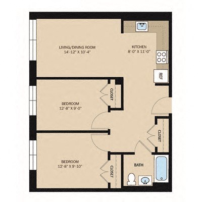 Floor plan for 2 beds, 1 bath, 691 sqft